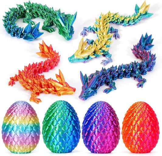 4PCS 3D Printed Dragon Egg, Articulated Crystal Animals Fidget Toy Kid, Small 3D Printer Dinosaur Dino Eggs Toy Easter Gifts for Kids Boy Girls (4-Piece-C)