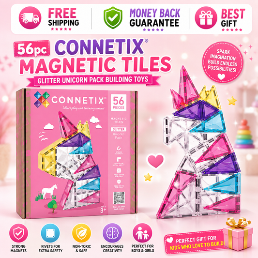 CONNETIX 56pc Glitter Unicorn magnetic tiles building toy with colorful sparkling pieces