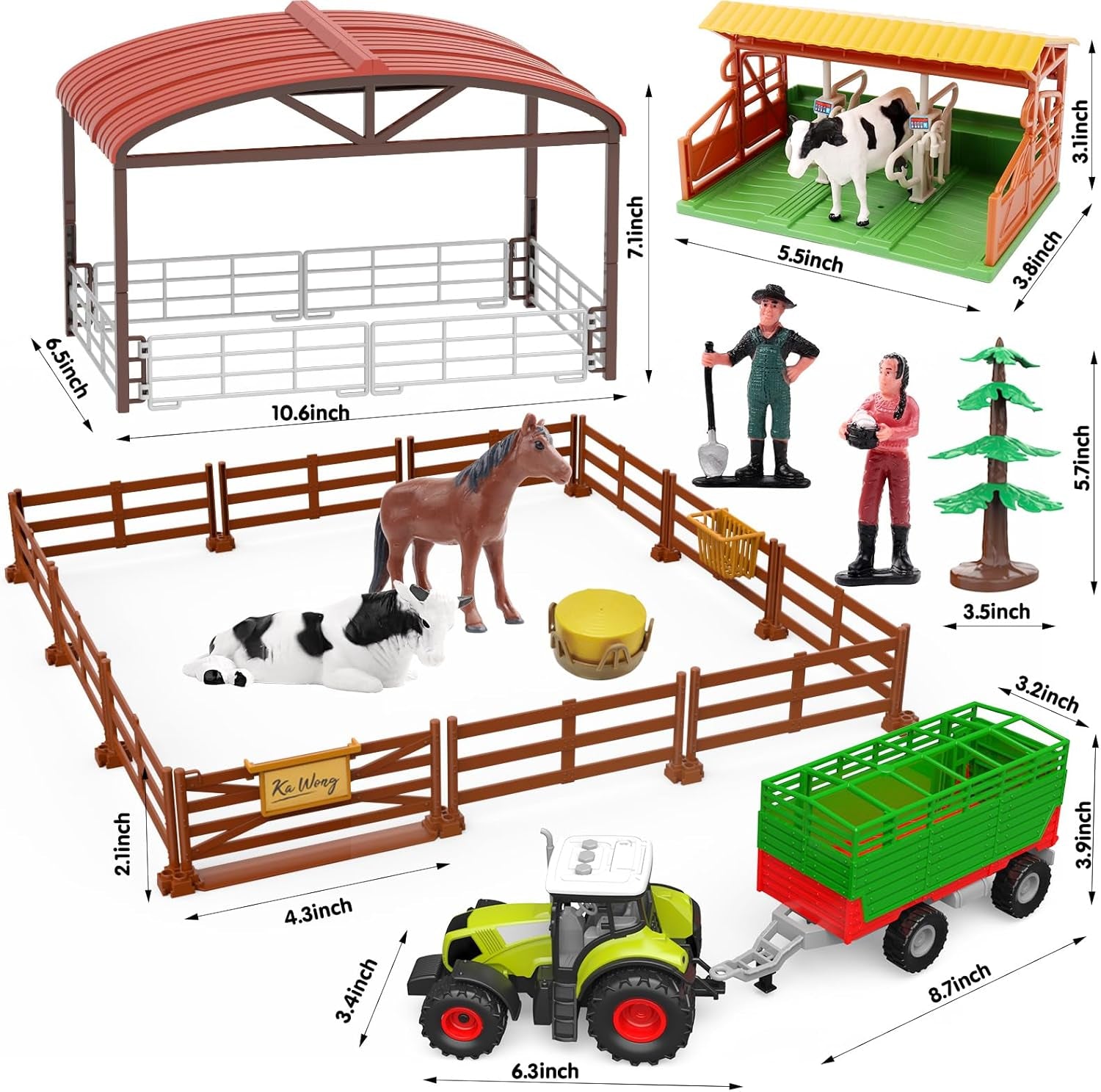 Farm Animal Toys Set,69 Pcs Farm Toys with Tractor with Trailer,Horse Stable Grain Bins Horse Cow Farmer Figures Fence Playset for Kids Toddlers Boy Girl 3-12 Years Old