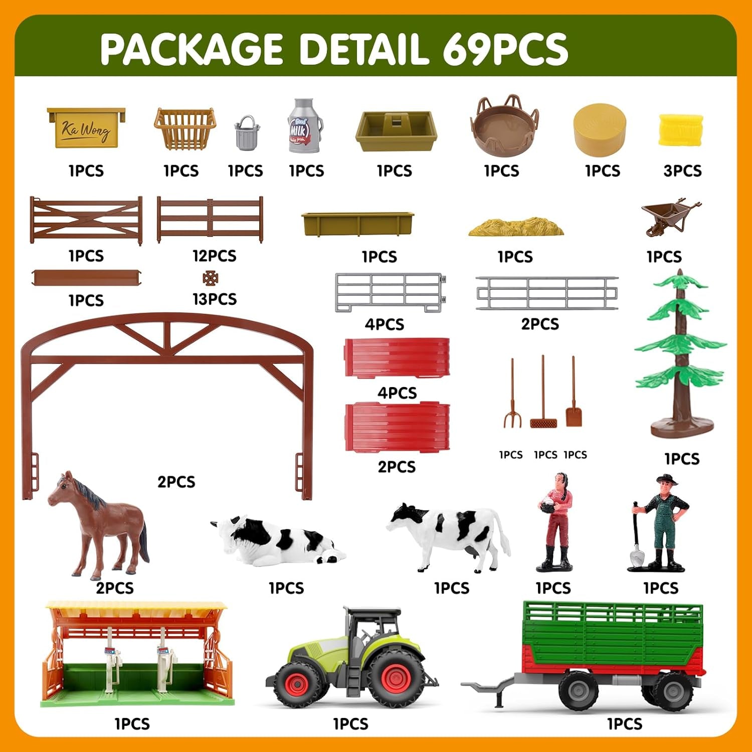 Farm Animal Toys Set,69 Pcs Farm Toys with Tractor with Trailer,Horse Stable Grain Bins Horse Cow Farmer Figures Fence Playset for Kids Toddlers Boy Girl 3-12 Years Old