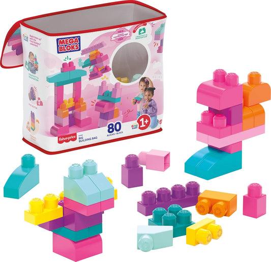 MEGA BLOKS First Builders Toddler Blocks Toys Set, Big Building Bag with 80 Pieces and Storage, Pink, Ages 1+ Years