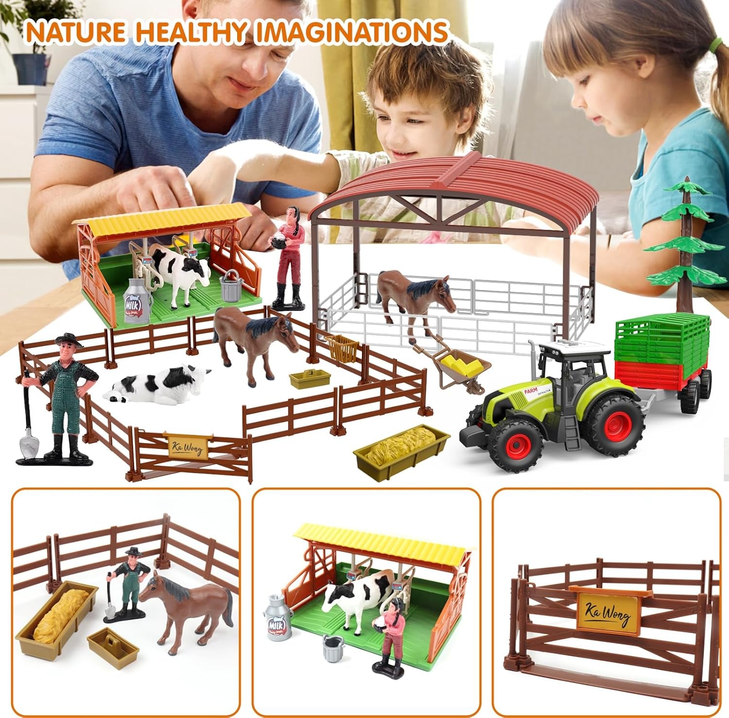 Farm Animal Toys Set,69 Pcs Farm Toys with Tractor with Trailer,Horse Stable Grain Bins Horse Cow Farmer Figures Fence Playset for Kids Toddlers Boy Girl 3-12 Years Old