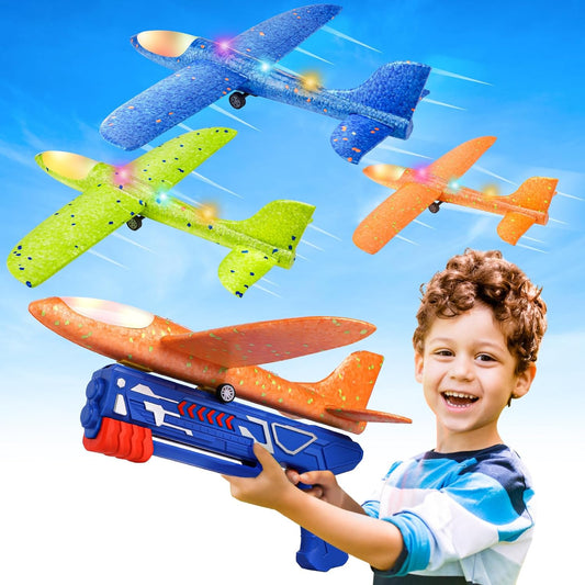 3 Pack Airplane Launcher Toys, 13.2'' LED Foam Glider Catapult Plane Toy for Boys, 2 Flight Modes Outdoor Flying Toys Birthday Gifts for Boys Girls 4 5 6 7 8 9 10 11 12 Year Old