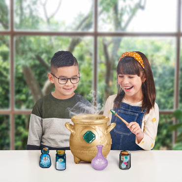 - Magical Real Misting Gold Cauldron with 8 Inch Non-Electronic Plush Toy. Follow the Spell Book Add the Magic Ingredients. Who Will You Magically Create?