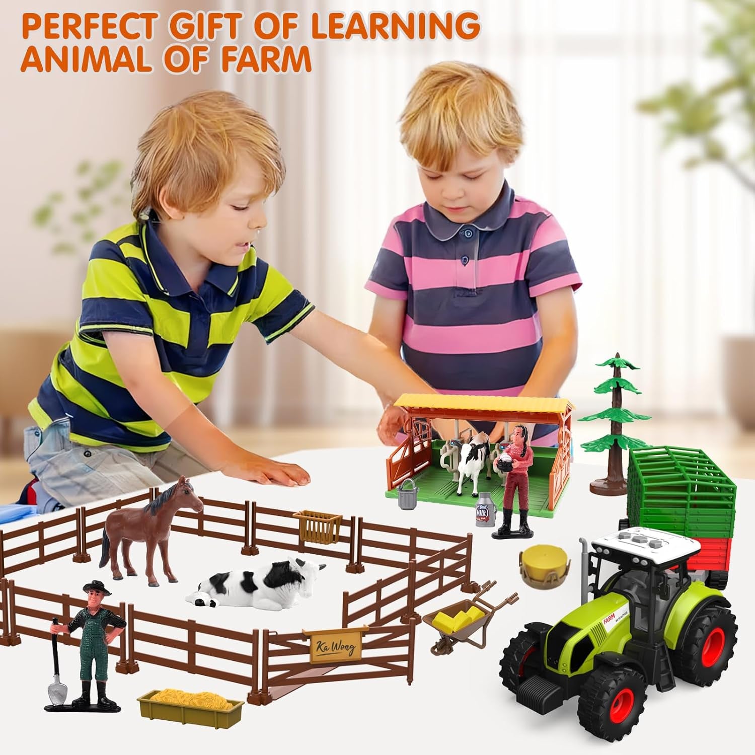 Farm Animal Toys Set,69 Pcs Farm Toys with Tractor with Trailer,Horse Stable Grain Bins Horse Cow Farmer Figures Fence Playset for Kids Toddlers Boy Girl 3-12 Years Old