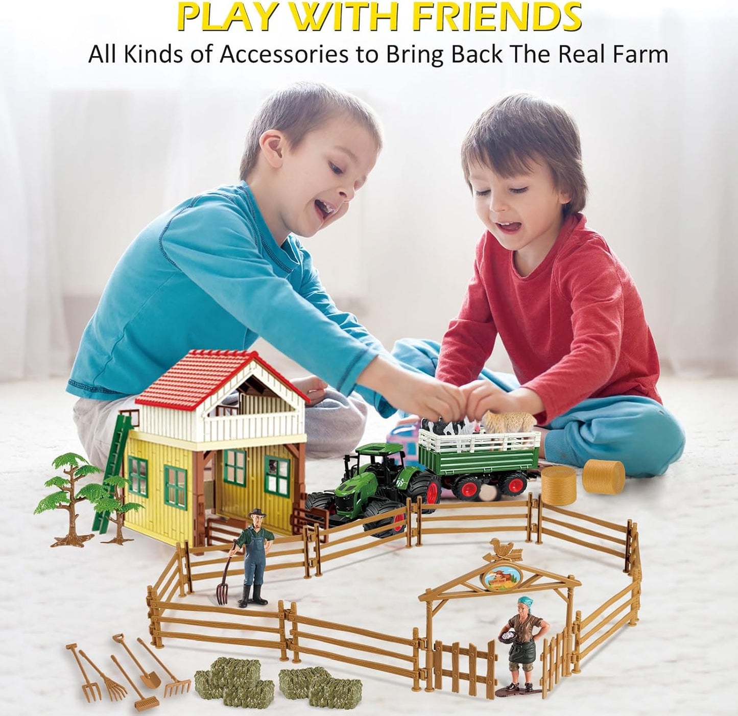 Farm Tractor Playset, 62 Pcs Farm Toy Set for Kids with 1/24 Tractor, Dumpable Traile, Bale Grapple, Big Barn, Farm Life Accessories, Map - Toys for 3+ Year Old Boys Girls