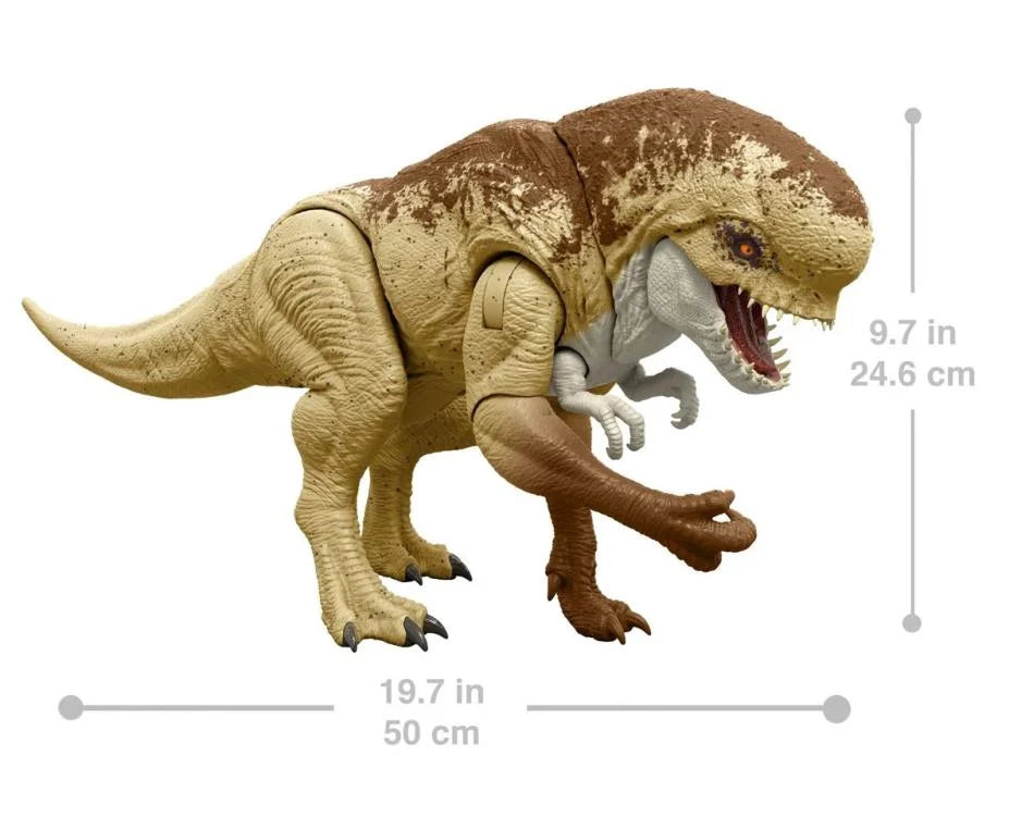 Toy dinosaur figure with measurements on a white background