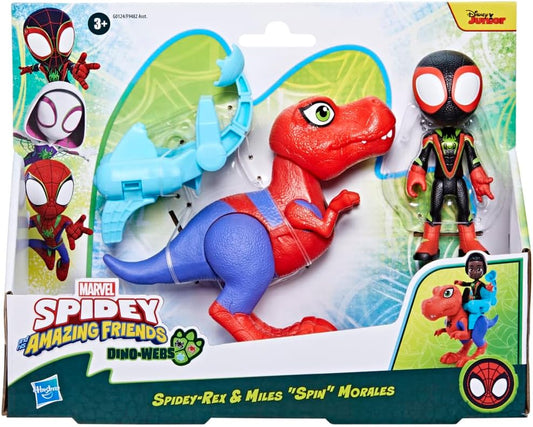 Marvel Dino-Webs Spidey-Rex & Miles “Spin” Morales 4-Inch-Scale Spider-Man Action Figure Set, Toys for Kids