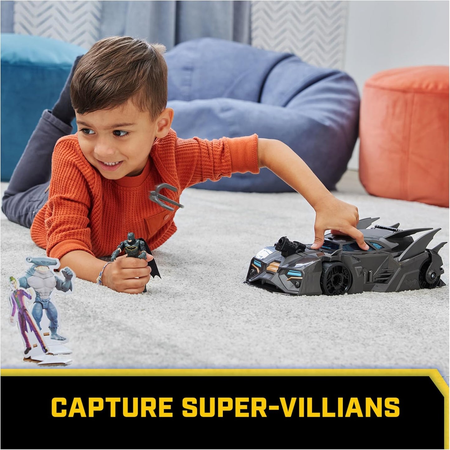 , Crusader Batmobile Playset with Exclusive 4-Inch Batman Figure, 3 Super-Villain Paper Figures, Kids Toys for Boys and Girls Ages 4+