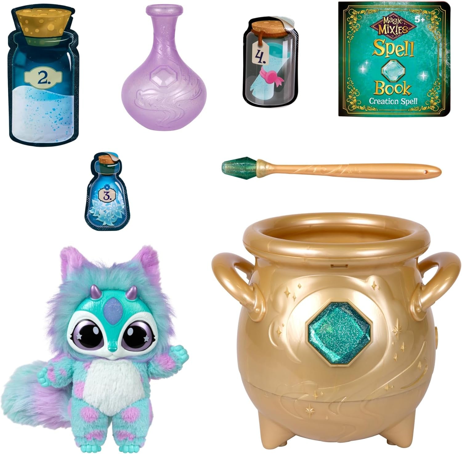 - Magical Real Misting Gold Cauldron with 8 Inch Non-Electronic Plush Toy. Follow the Spell Book Add the Magic Ingredients. Who Will You Magically Create?