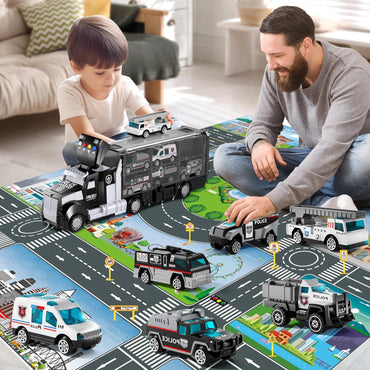 Police Trucks Toy Set with Play Mat, Carrier Truck Play Vehicles Set for 3 4 5 6 Years Old Boys Kids, Die-Cast Car Toy for Toddlers 3-4 Years, Birthday Gifts Toys for 3-9 Year Old Boys