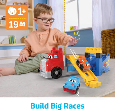 First Builders Toddler Building Blocks Toy Set, Build & Race Rig with 19 Pieces, 2 Race Cars and Storage, Red, Ages 1+ Years