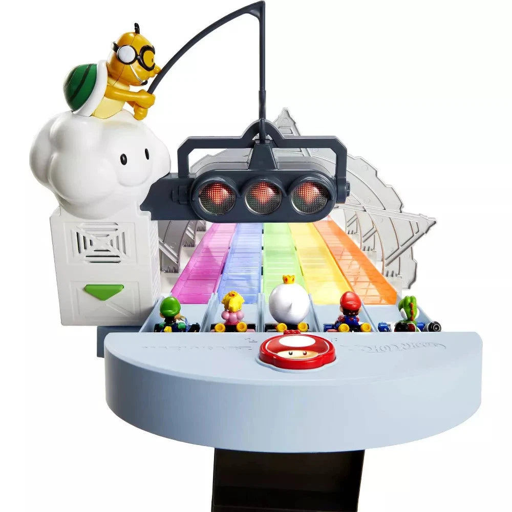 Toy set with a ship, rainbow slide, and character figures on a white background