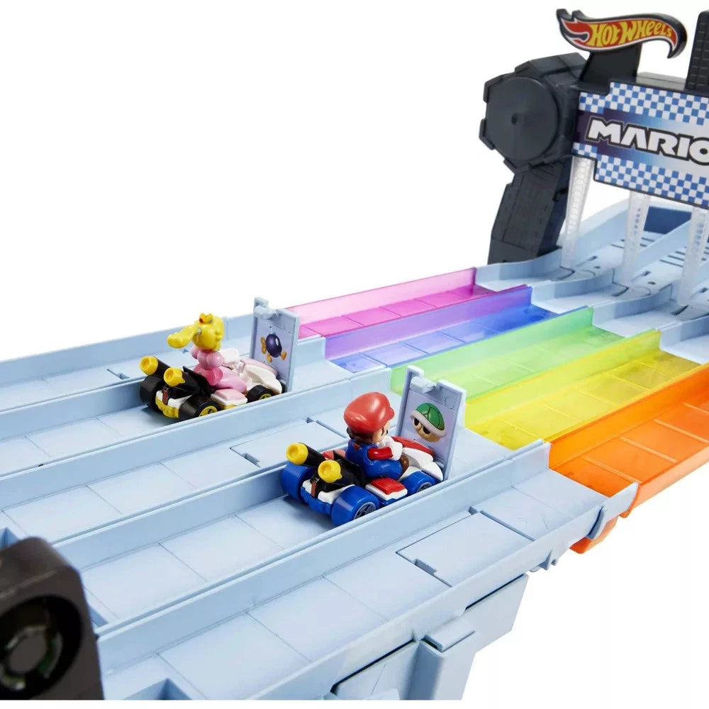 Toy race track with characters and Hot Wheels branding