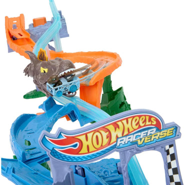 Jurassic World Hot Wheels Racer Verse Rebirth Crash and Splash Track Set – Dinosaur Racing Adventure