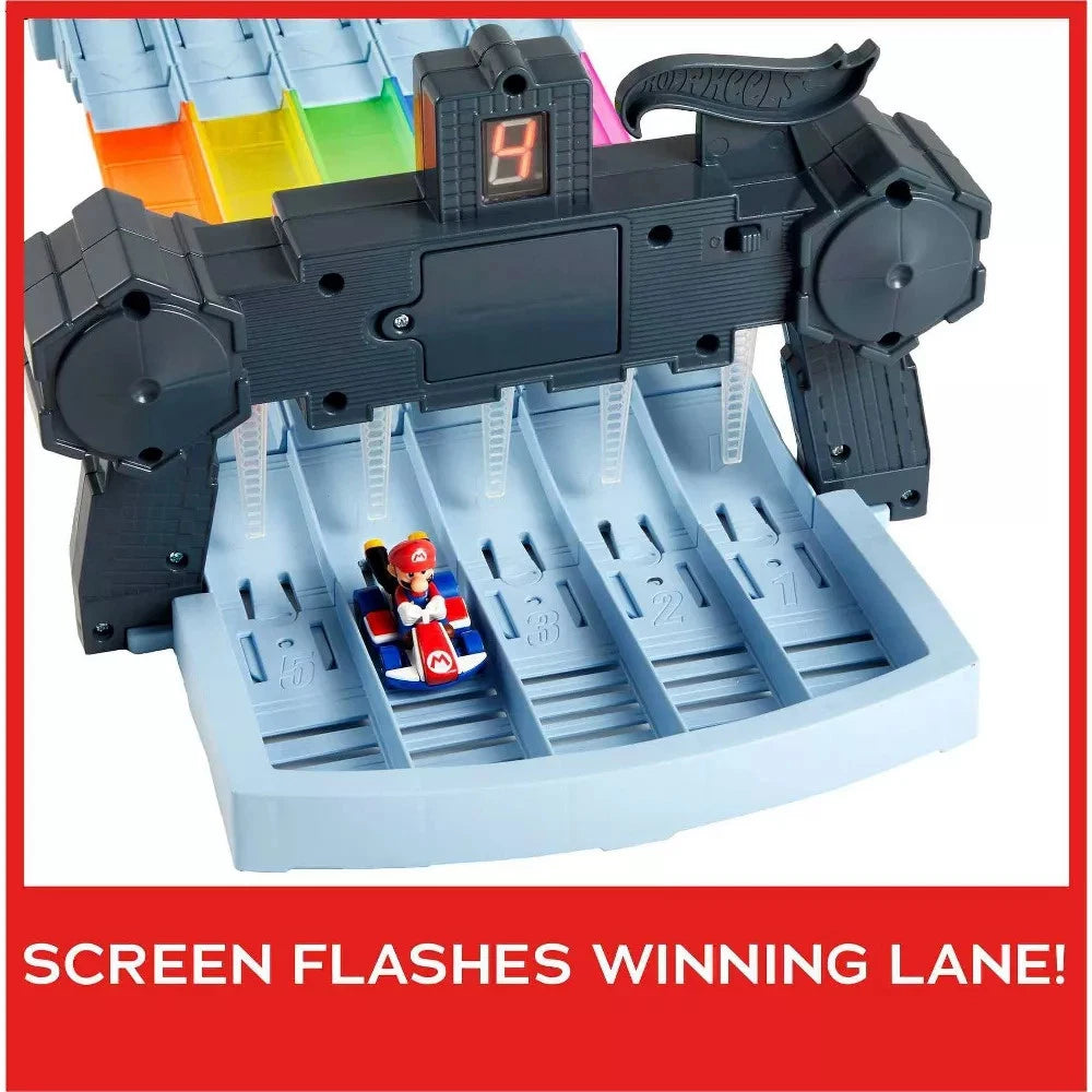 Toy race track with a character in a blue car, screen flashing winning lane text