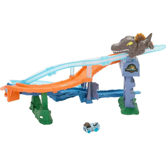 Jurassic World Hot Wheels Racer Verse Rebirth Crash and Splash Track Set – Dinosaur Racing Adventure