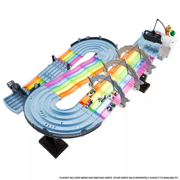 Toy race track set with colorful lanes on a white background