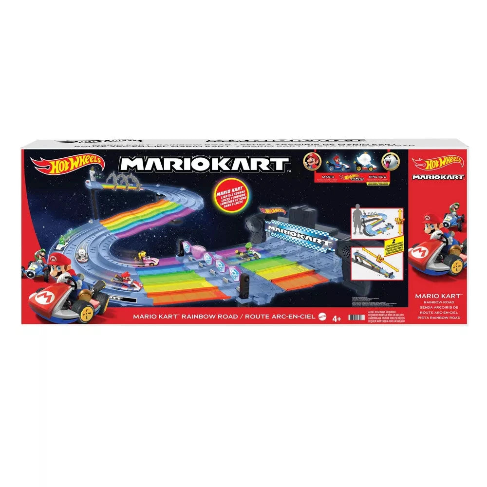 Hot Wheels Mario Kart Rainbow Road toy set packaging on a white background
