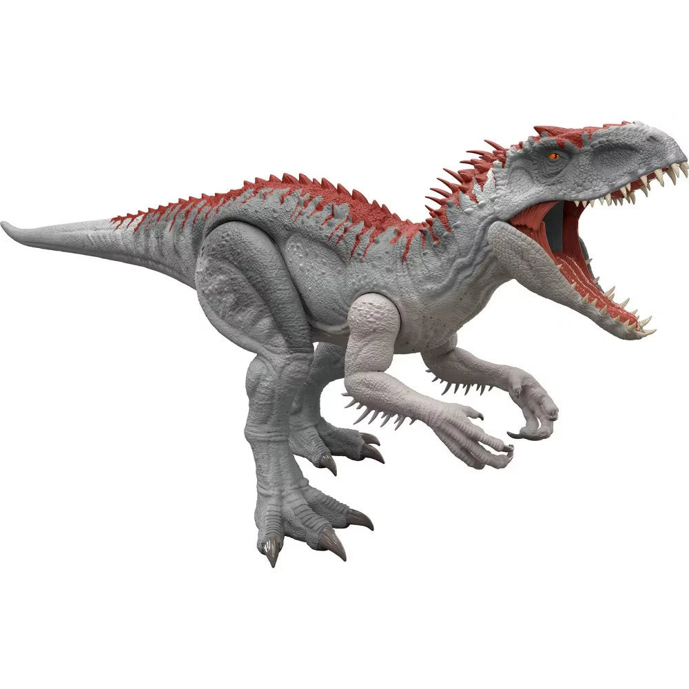Dinosaur toy figure with red spikes on a white background