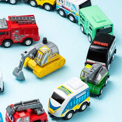18 Pcs Pull Back City Cars and Trucks Toy Vehicles Set, Friction Powered Cars Toys for Toddlers, Boys, Girls’ Educational Play, Kids Stocking Stuffers, Easter Basket Stuffers