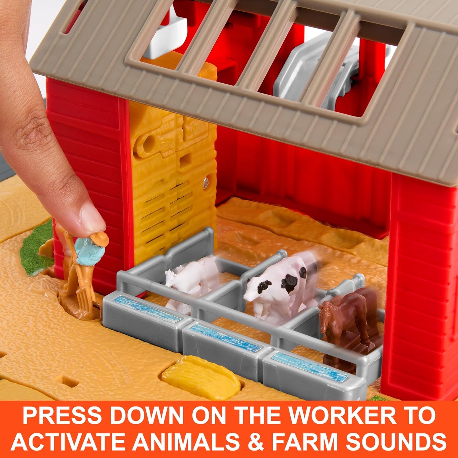 Toy Car & Playset, Action Drivers Farm Adventure with 1:64 Scale Tractor & Trailer, 2 Hay Bales & Detachable Goat, Horse & Cow Figures & Sounds
