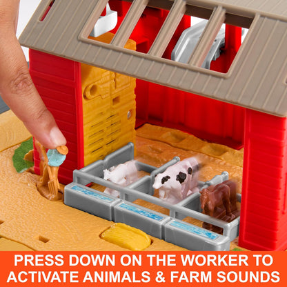 Toy Car & Playset, Action Drivers Farm Adventure with 1:64 Scale Tractor & Trailer, 2 Hay Bales & Detachable Goat, Horse & Cow Figures & Sounds