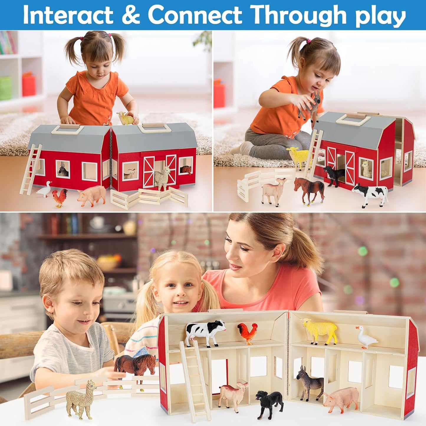Farm Animals Toys for 3+ Year Old Kids Toddlers Girls Boys, Large Wooden Barn with Animal Play Figures, Farm Playset Educational Learning Toys, Ideal Christmas Birthday Gifts
