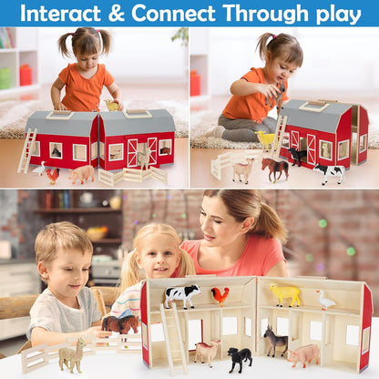 Farm Animals Toys for 3+ Year Old Kids Toddlers Girls Boys, Large Wooden Barn with Animal Play Figures, Farm Playset Educational Learning Toys, Ideal Christmas Birthday Gifts