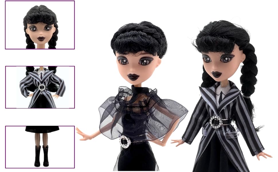 9''Addams Doll,Long Sleeve Dots Dress,Red Lips,Made to Move Addams Dolls,Birthday Gifts for Kids Girls Fans (Striped Skirt)