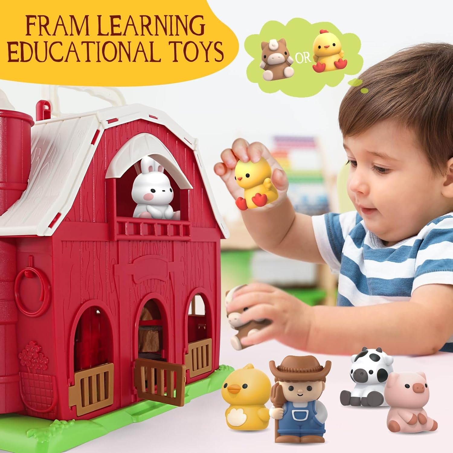 Toys for 1 2 3 Years Old Boys and Girls, Big Barn Toy with Farm Animal, Preschool Montessori Toy, Farm Playset with Big Red Barn & Farmer, Easter Gift Toy for Toddlers