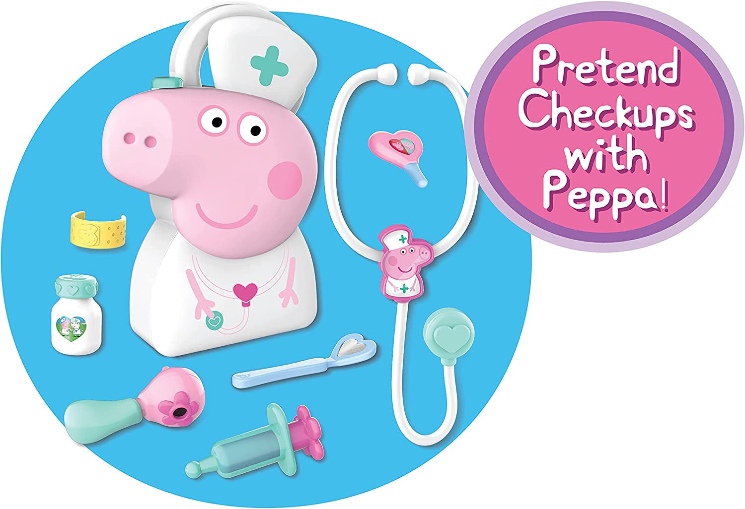 Peppa Pig Checkup Case Set with Carry Handle, 8-Piece Doctor Kit for Kids with Stethoscope, Kids Toys for Ages 3 up by