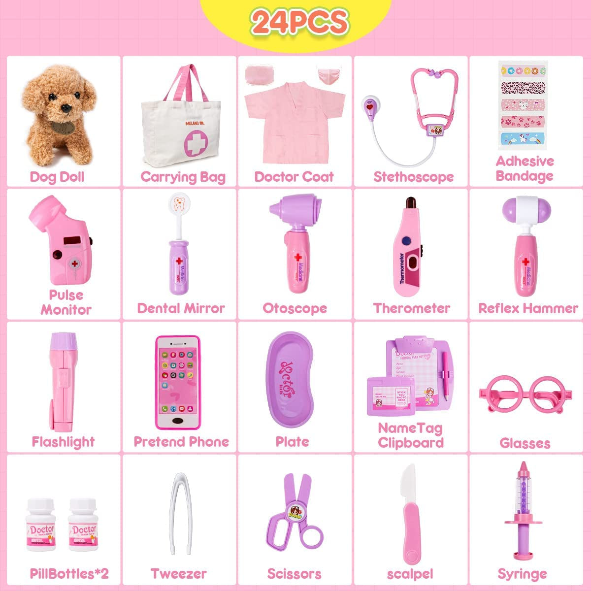 Toy Doctor Kit for Girls - Pretend Play Doctor Set with Dog Toy, Carrying Bag, Stethoscope Toy & Dress up Costume - Doctor Play Gift for Kids Toddlers Ages 3 4 5 6 Year Old for Role Play