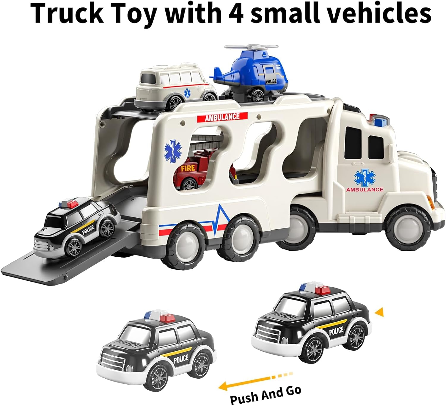 5 Pack Ambulance Vehicle Toddler Truck Toys for 3 4 5 6 Year Old Boys, Friction Powered Cars with Toy Helicopter, Police Car, Fire Truck, Ambulance Car, Birthday Gifts for Girls Age 3-9