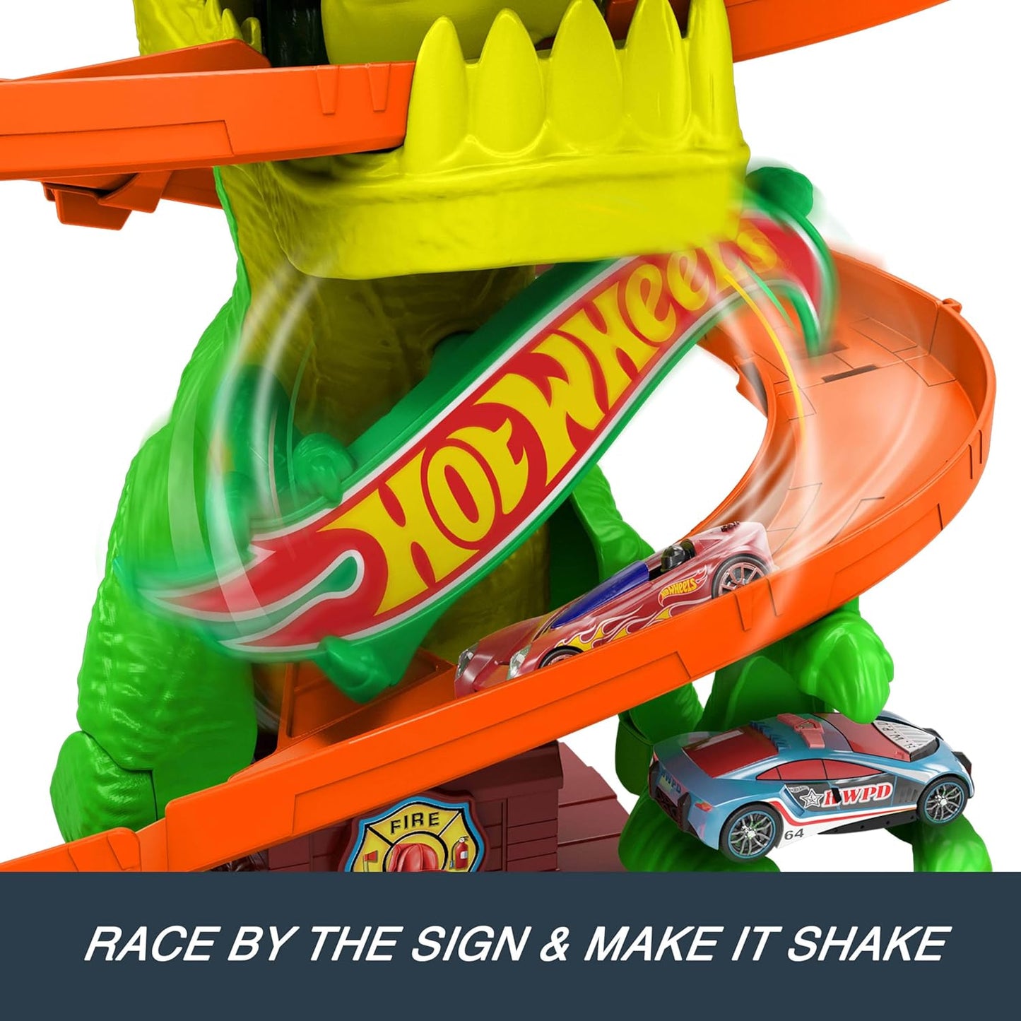 Toy Car Track Set, City T-Rex Blaze Battle Playset & 1:64 Scale Die-Cast Vehicle, 18” Tall, Multiple Race Outcomes, Spinning Dinosaur Eyes