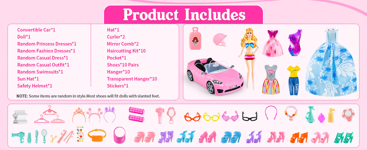 76 Pcs Doll & Convertible Car Playset,Included 11.5 in Doll,Doll Car,Princess Dresses,Fashion Dresses,Casual Clothing,Swimsuits,Bags,Shoes,Doll Playset,Doll Dress up Toys for Girls Kids Toddlers Gifts