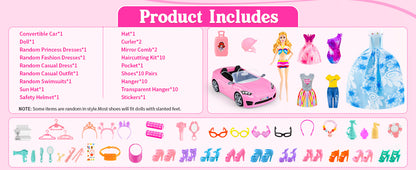 76 Pcs Doll & Convertible Car Playset,Included 11.5 in Doll,Doll Car,Princess Dresses,Fashion Dresses,Casual Clothing,Swimsuits,Bags,Shoes,Doll Playset,Doll Dress up Toys for Girls Kids Toddlers Gifts