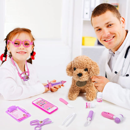 Toy Doctor Kit for Girls - Pretend Play Doctor Set with Dog Toy, Carrying Bag, Stethoscope Toy & Dress up Costume - Doctor Play Gift for Kids Toddlers Ages 3 4 5 6 Year Old for Role Play