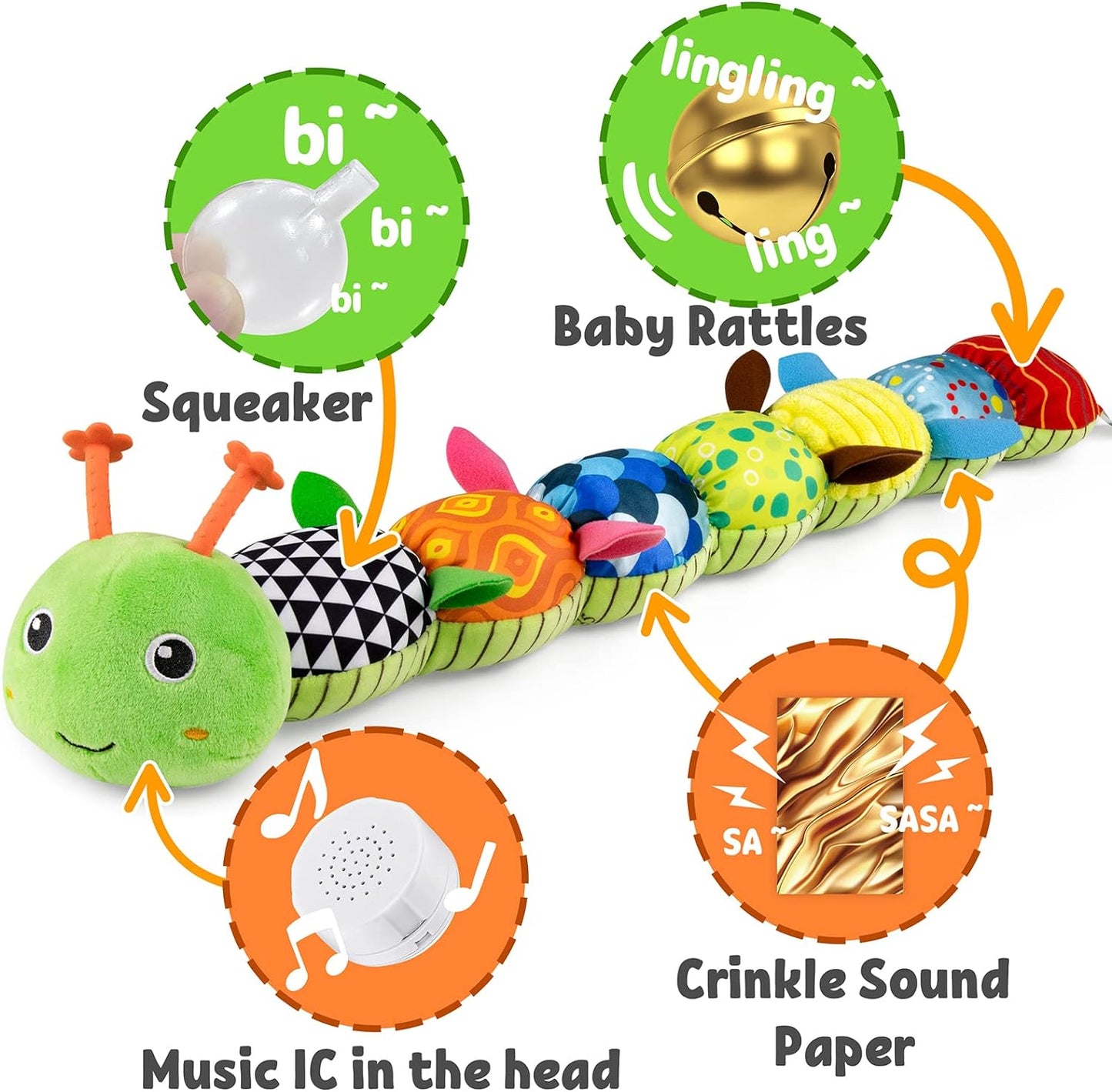 Baby Toys Musical Caterpillar,Infant Stuffed Animal Toys with Crinkle and Rattles,Soft Sensory Toys with Textures for Tummy Time Newborn Boys Girls 0 3 6 12 Months(Green)