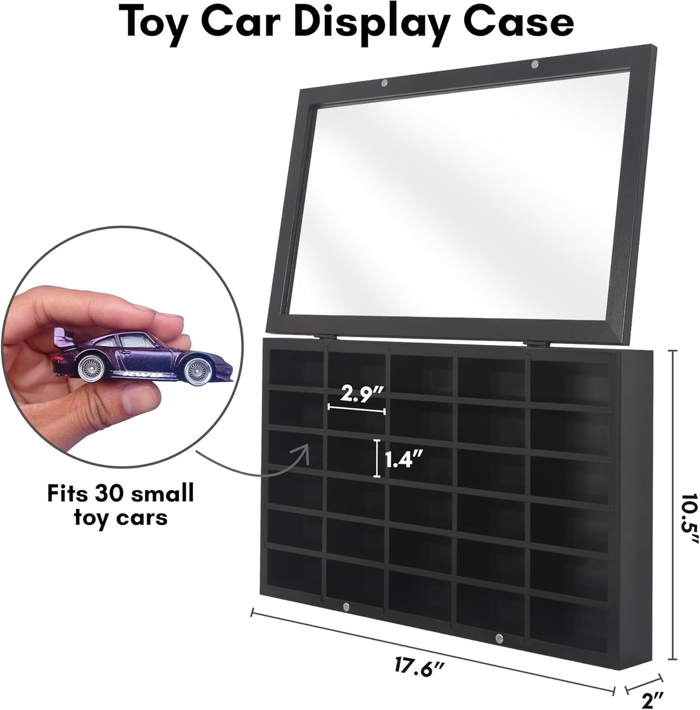 11X18 Toy Car Display Case - Holds up to 30 Cars - Model Car Displays with Removable Shelves and Shatter-Resistant Glass - Wall Mounted Display Cases for Collectibles - Black