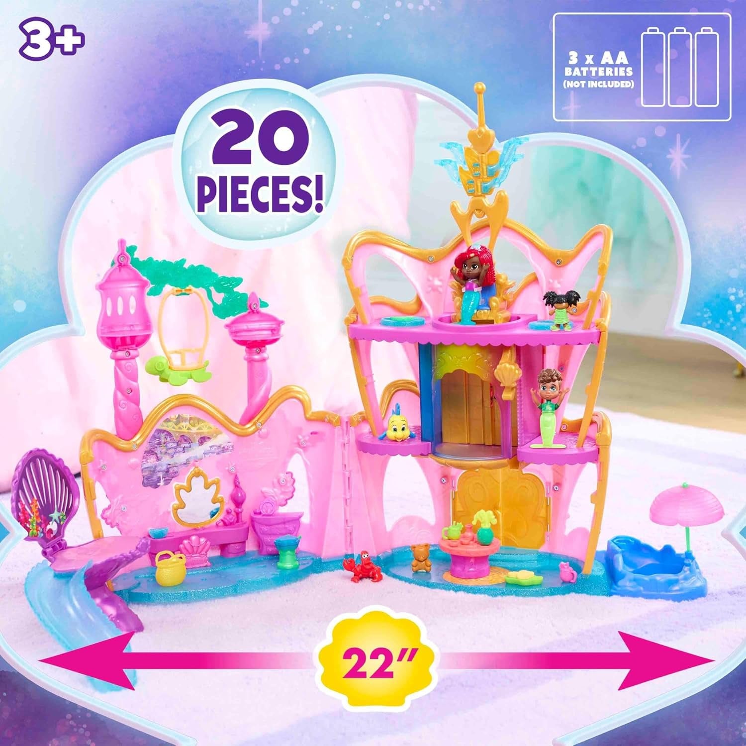 Disney Junior Ariel Deluxe Atlantica Palace Playset and 4-Inch Figures, Lights and Sounds, 20-Pieces, Kids Toys for Ages 3 Up
