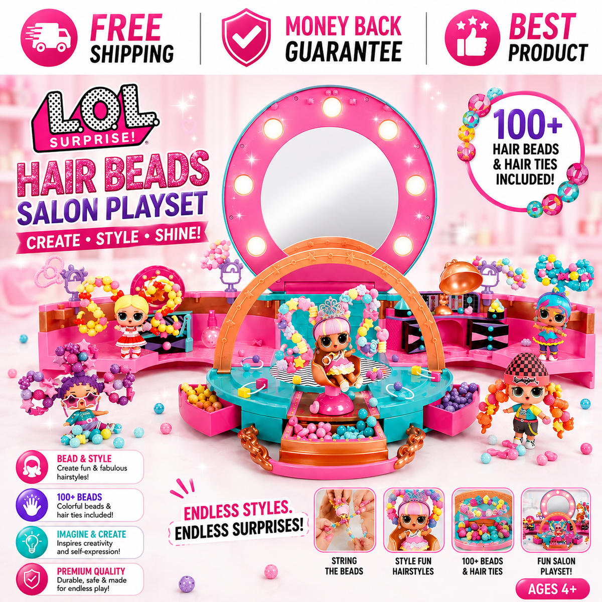 L.O.L. Surprise Hair Beads Salon playset with doll and 100 colorful beads