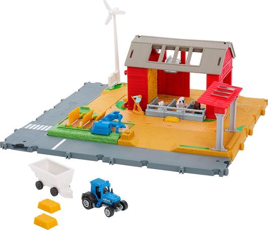 Toy Car & Playset, Action Drivers Farm Adventure with 1:64 Scale Tractor & Trailer, 2 Hay Bales & Detachable Goat, Horse & Cow Figures & Sounds
