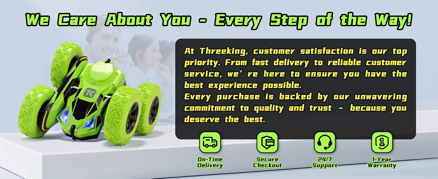 Threeking Remote Control Car RC Cars RC Stunt Car Toy with Lights Double-Sided Driving Indoor Outdoor Toys Gifts Presents for 6 7 8 9 10 11 12 Year Old Kids Boys Girls,Green