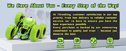 Threeking Remote Control Car RC Cars RC Stunt Car Toy with Lights Double-Sided Driving Indoor Outdoor Toys Gifts Presents for 6 7 8 9 10 11 12 Year Old Kids Boys Girls,Green