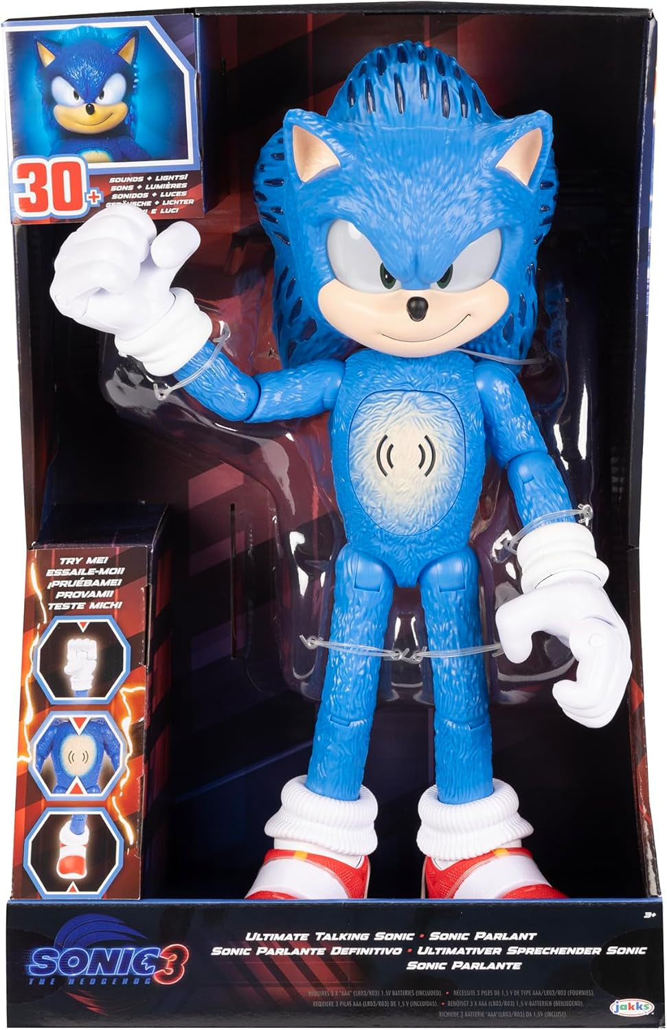 3 Ultimate Talking Sonic 12-Inch Figure, Features 30+ Iconic and Humorous Phrases and Sounds from the Movies, Light-Up Eyes and Quills