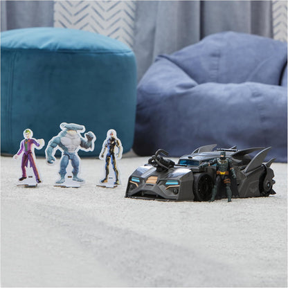 , Crusader Batmobile Playset with Exclusive 4-Inch Batman Figure, 3 Super-Villain Paper Figures, Kids Toys for Boys and Girls Ages 4+
