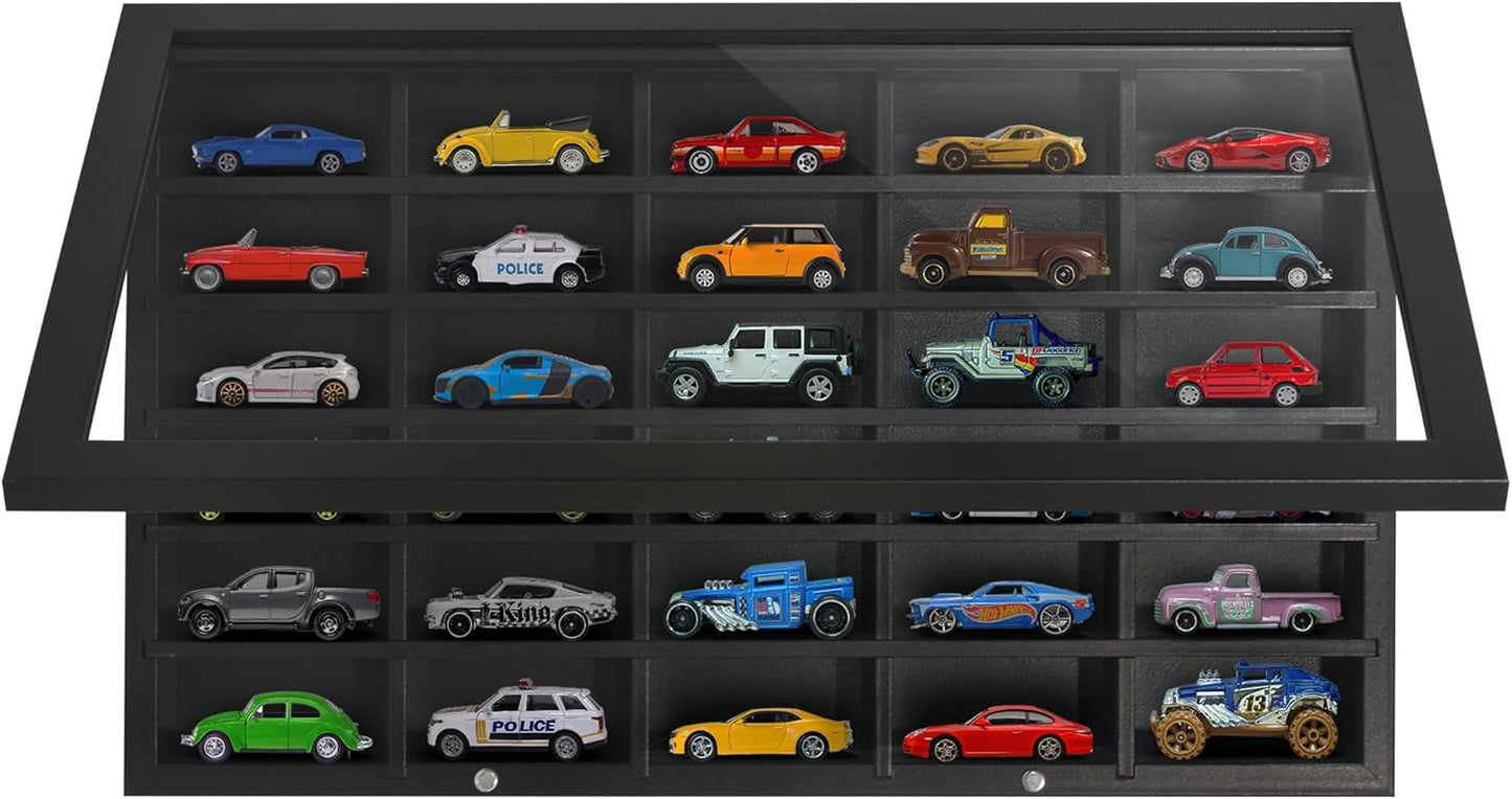 11X18 Toy Car Display Case - Holds up to 30 Cars - Model Car Displays with Removable Shelves and Shatter-Resistant Glass - Wall Mounted Display Cases for Collectibles - Black