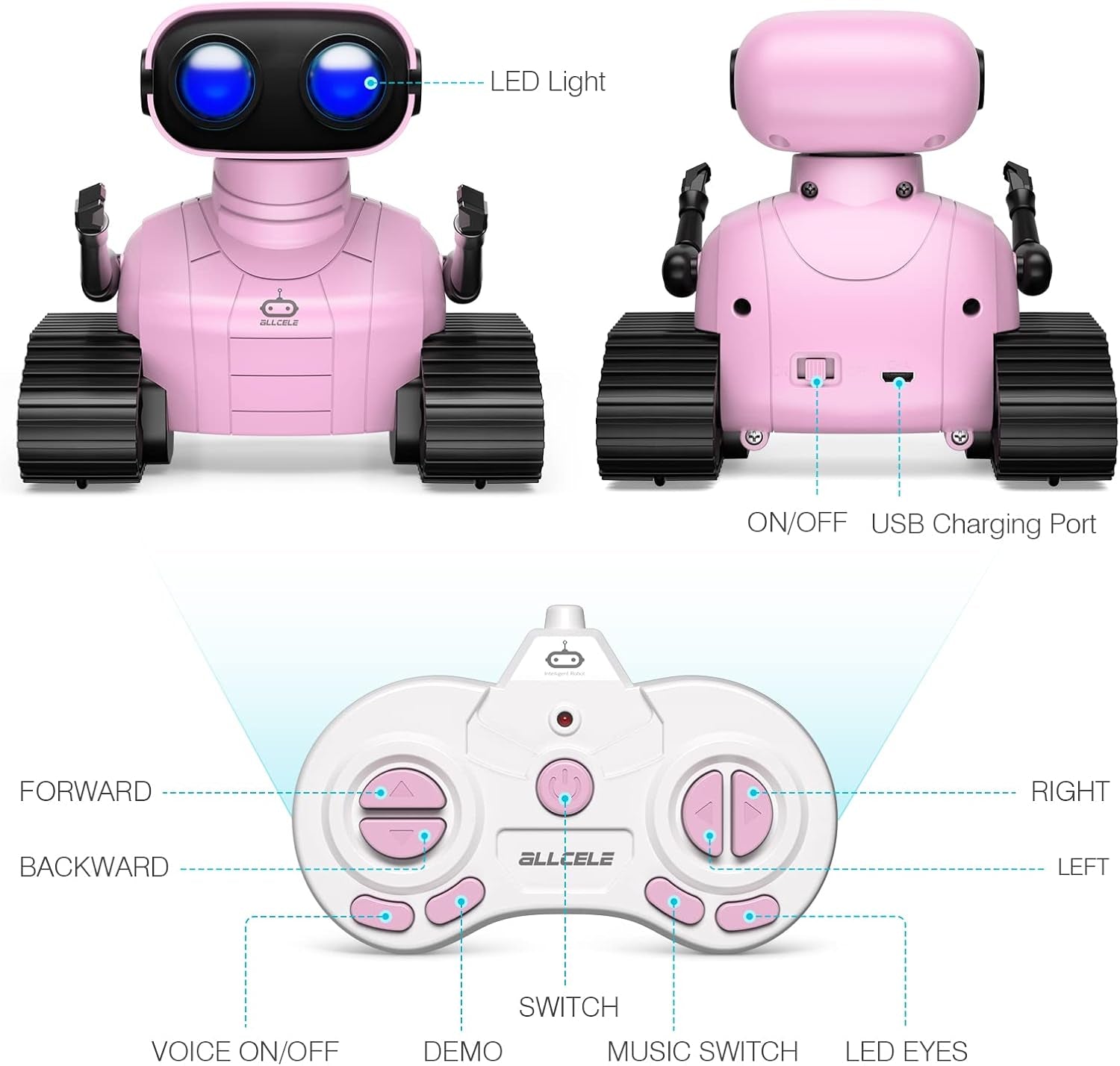 Girls Robot Toy, Rechargeable RC Robot for Kids, Remote Control Toy with Music and LED Eyes, Gift for Children Age 3 Years and up - Pink