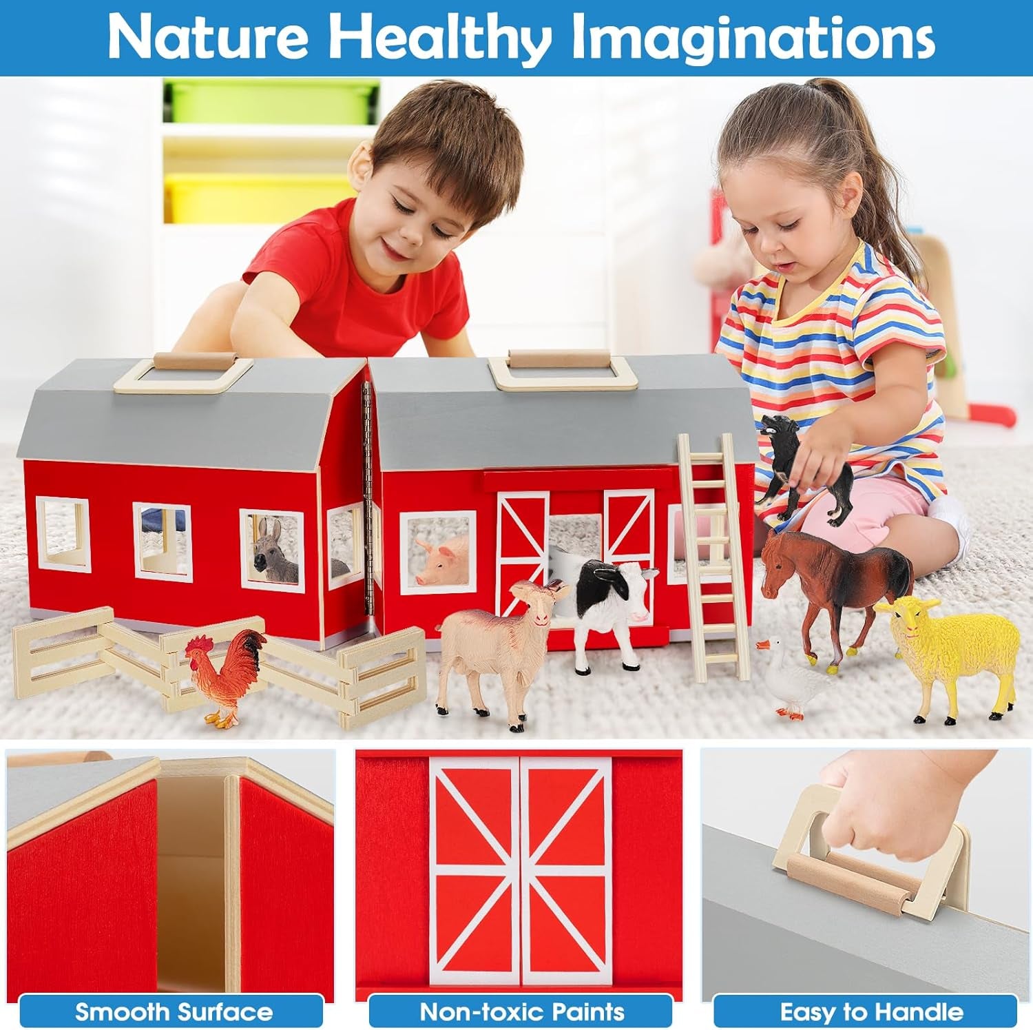Farm Animals Toys for 3+ Year Old Kids Toddlers Girls Boys, Large Wooden Barn with Animal Play Figures, Farm Playset Educational Learning Toys, Ideal Christmas Birthday Gifts